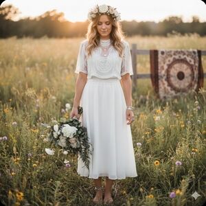 Vintage-Inspired Two-Piece White Lace Bridal Set Boho Wedding Top/ Chiffon Skirt